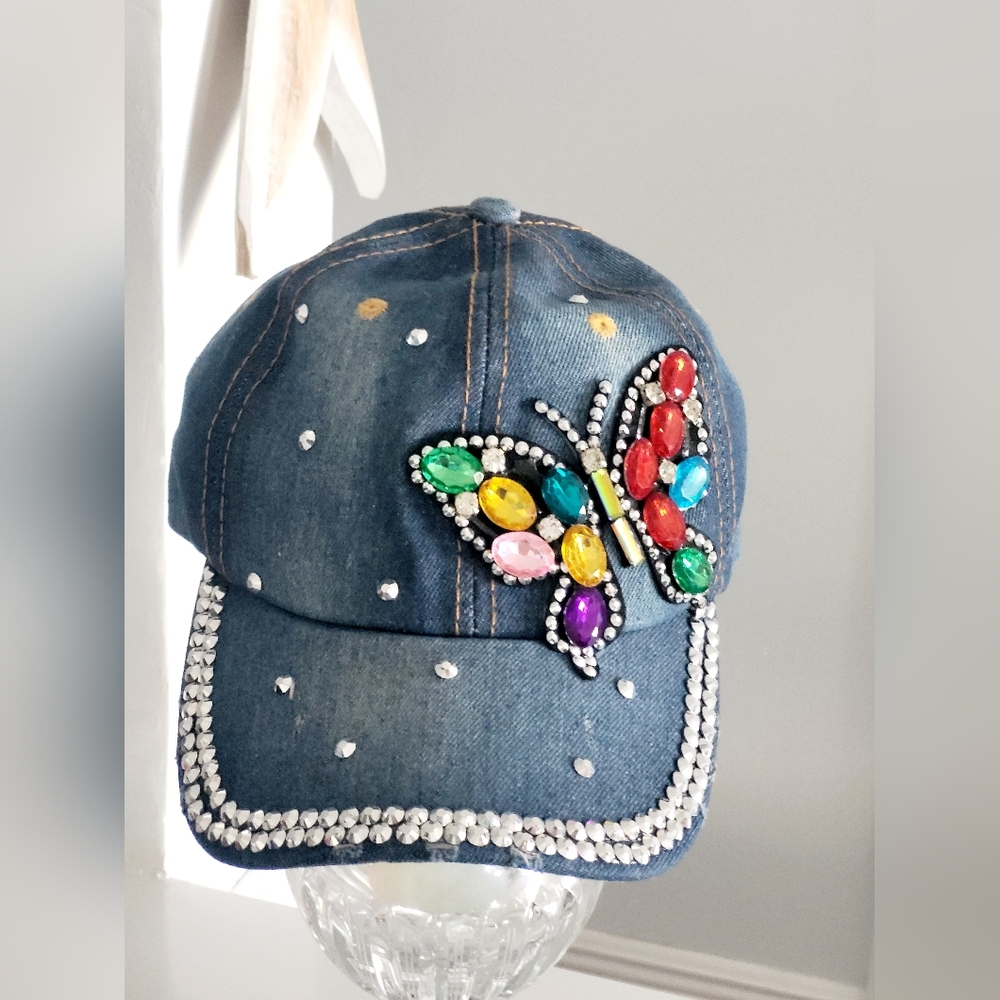 Denim Butterfly Rhinestone Baseball Hat, Adjustable - Picture 5 of 14